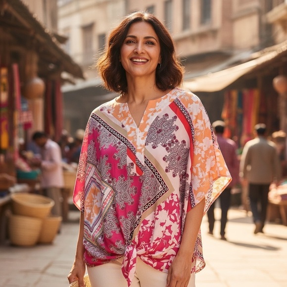 NWT Chico’s Flutter Sleeve Tie Front Top Multi Print Blouse Size 1 (US 8/10) - Picture 3 of 7